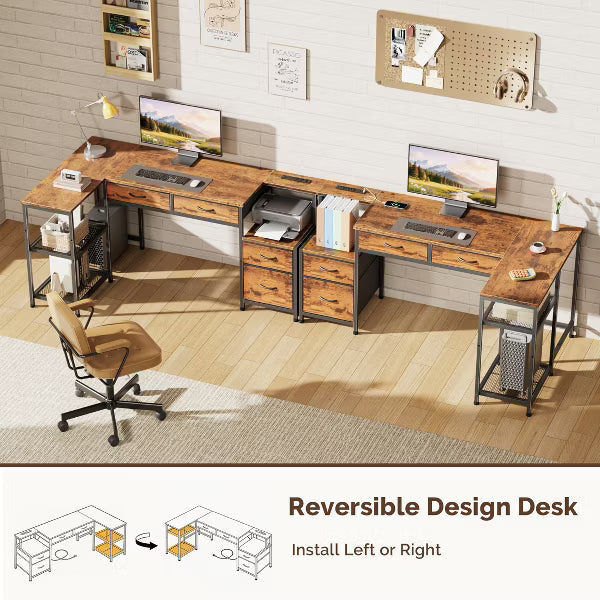 Qwatto 57" Brown Computer Desk with 4 Drawers and Charging Station Gaming Desk with Printer Shelf and File Cabinet Home Office Study Writing Table