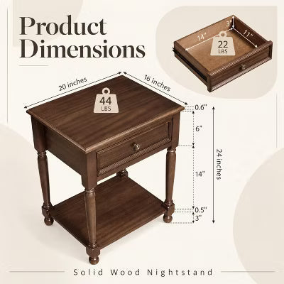 AMERLIFE Wood Nightstand Set of 2 with Drawer, Open Shelf, Turned Legs, Walnut