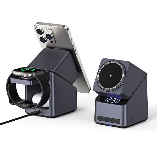 X11 3-in-1 Wireless Charging Station, 15W Fast Charger Stand for Phone Watch Earbuds, Dual Coil, Digital Clock, NTC Safe