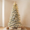 VIVATREES 9ft Prelit Snow-Flocked Christmas Tree Artificial with Warm White LEDs Lights Metal Stand Hinged Branches Realistic Holiday Pine