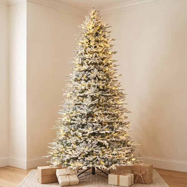VIVATREES 9ft Prelit Snow-Flocked Christmas Tree Artificial with Warm White LEDs Lights Metal Stand Hinged Branches Realistic Holiday Pine
