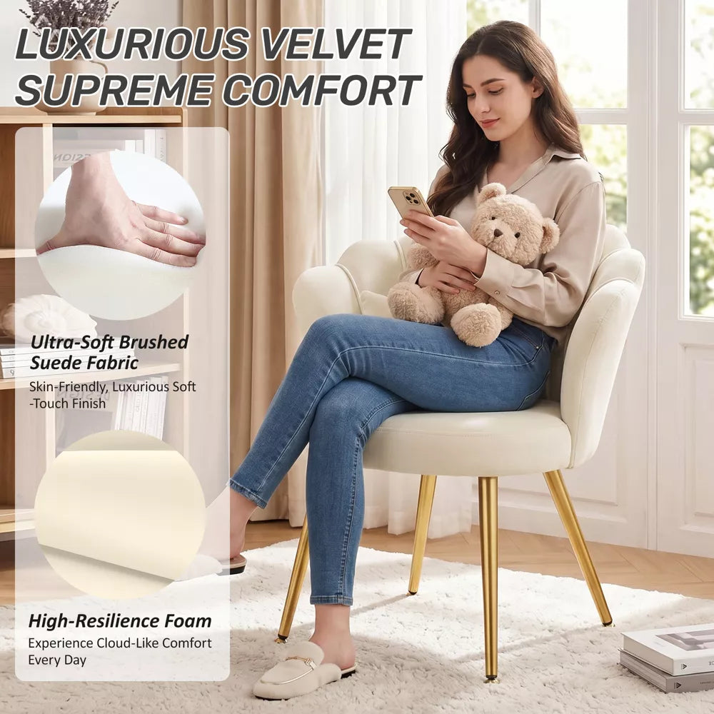 KERDOM Velvet Lounge Chair with Curved Back, Upholstered Vanity Seat with Gold Legs for Bedroom and Living Area,Beige