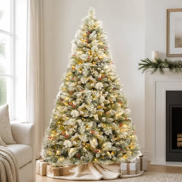 VIVATREES 7.5ft Prelit Snow Flocked Christmas Tree Artificial Hinged Branches Warm White LEDs Lights Metal Stand for Decor