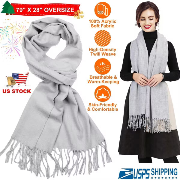 Oversized 79 x 28 Inch Acrylic Scarf with Braided Tassels, Soft Lightweight Shawl Wrap for Cozy Layering and Everyday Style - Light Grey