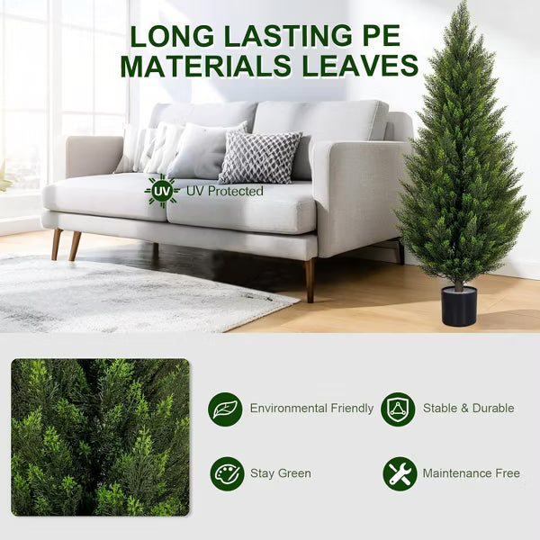 ROMSWI 2 Pack 3ft Artificial Cedar Topiary Trees UV Resistant Evergreen Fake Cypress Pine for Indoor Outdoor Porch Entryway Decor Black Pot