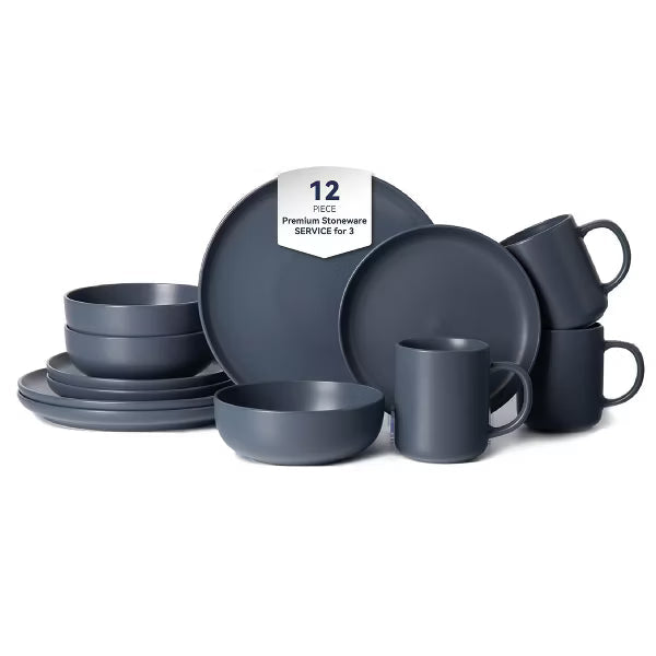 12-Piece Stoneware Dinnerware Set with Mugs, Microwave & Dishwasher Safe, Non-Toxic, Stackable Matte Glaze Kitchenware for 3, Blue