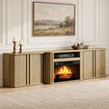 AMERLIFE 97" Fluted Fireplace TV Stand with Sliding Doors and Adjustable Storage, Oak
