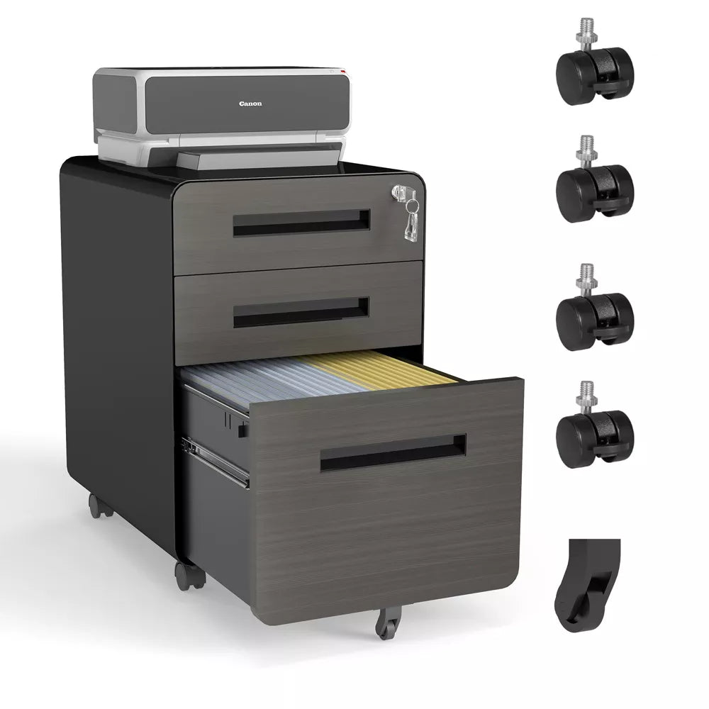 VIYET 3 Drawer Mobile File Cabinet with Lock, Fully Assembled Rolling Steel Filing Cabinet with Locking Casters, Anti-Tip Storage