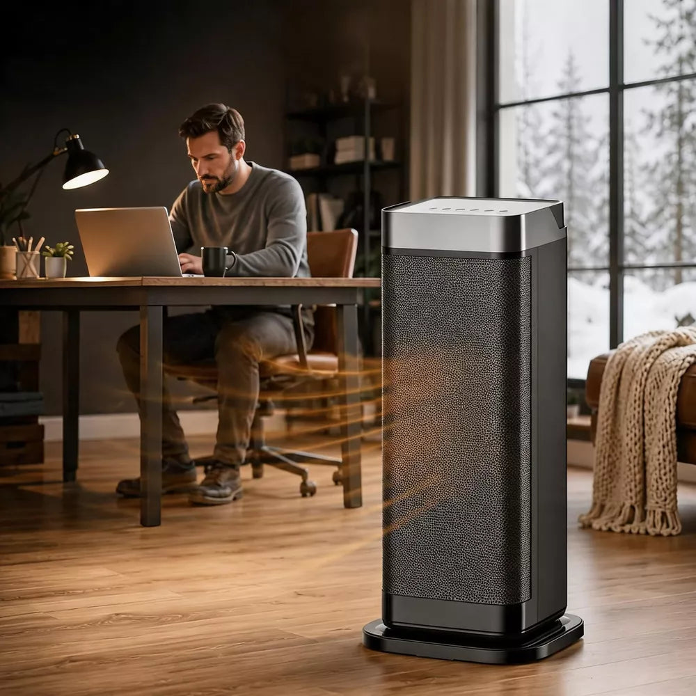PTC Ceramic Tower Space Heater, 1500W Indoor Space Heater with Remote and Thermostat, 60° Oscillation, 4 Modes, 12H Timer