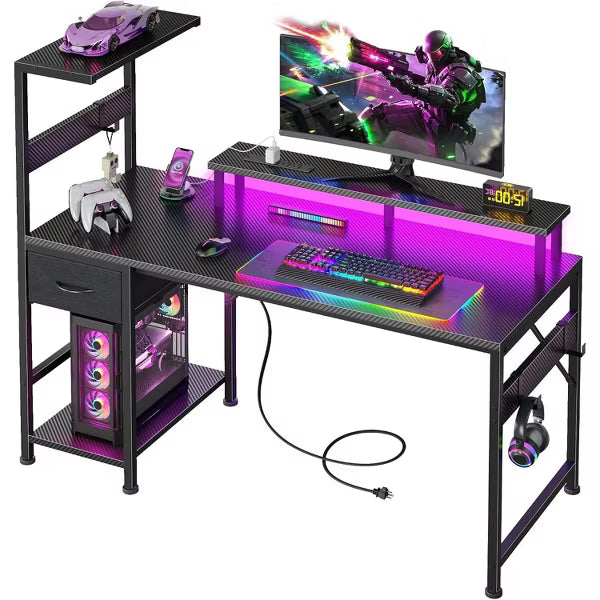 Qwatto 54" Reversible Gaming Desk with Power Outlets and LED Lights Monitor Stand CPU Shelf Side Hooks Home Office PC Workstation Carbon Fiber Black