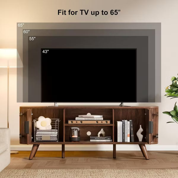 Qwatto Curved Edge TV Stand Walnut Finish Media Console for 65 Inch TV Modern Fluted Door Credenza with Storage Mid Century Living Room Furniture
