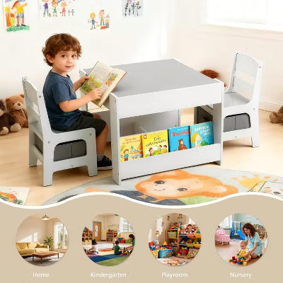 Kinder King Kids Wood Table & 2 Chairs Set, 4 in 1 Children Activity Table w/Double Bookcase, Blackboard, Toddler Furniture Set, Grey
