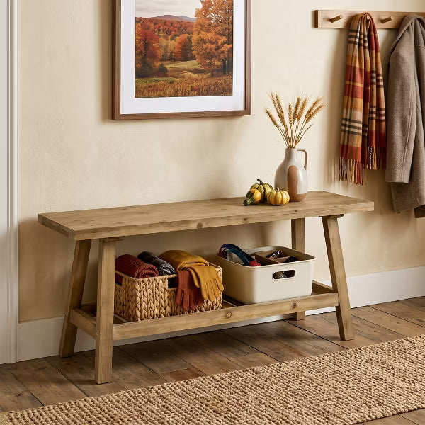 43in Farmhouse Entryway Bench Solid Wood Storage Bench with 2 Tier Shelf Rustic Shoe Bench for Hallway Living Room Bedroom Apartment Furniture
