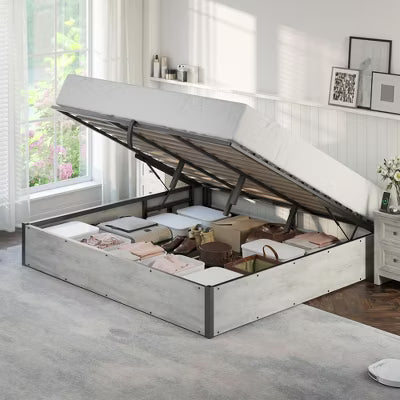AMERLIFE King Size Lift Up Storage Bed with Storage Underneath, No Headboard, White Oak