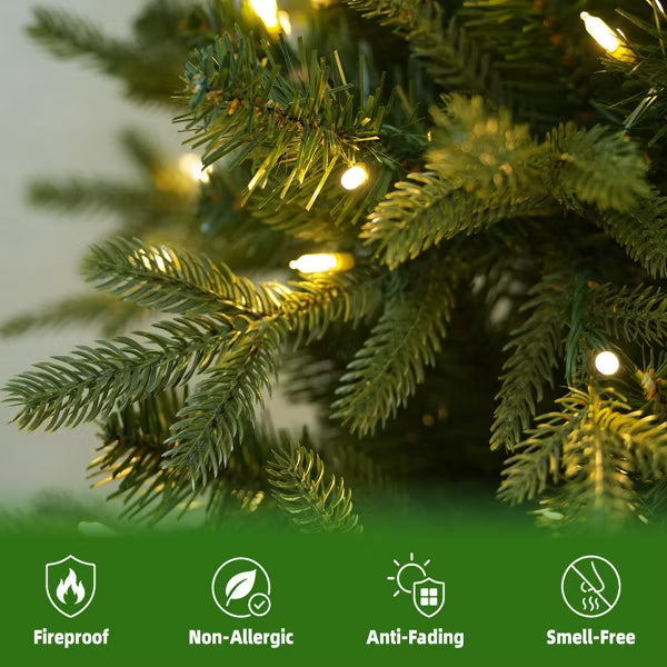 VIVATREES 7.5ft Pre-lit Christmas Tree Slim Artificial Hinged Mixed PVC PE Branch Tips Warm White LED Lights Foldable Base