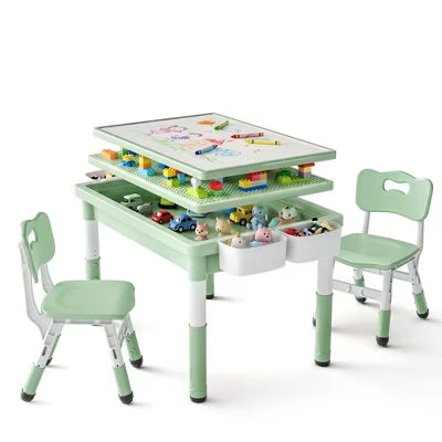 Kinder King 3-in-1 Kids Activity Table and 2 Chairs Set, Reversible Large-Size Building Block Table with Storage, Green