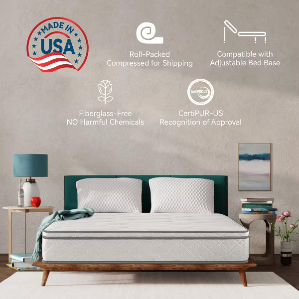 Full Size 10 Inch Hybrid Mattress in a Box, Gel Memory Foam & Pocket Coils, Breathable Durable Support, Made in USA, CertiPUR‑US Certified