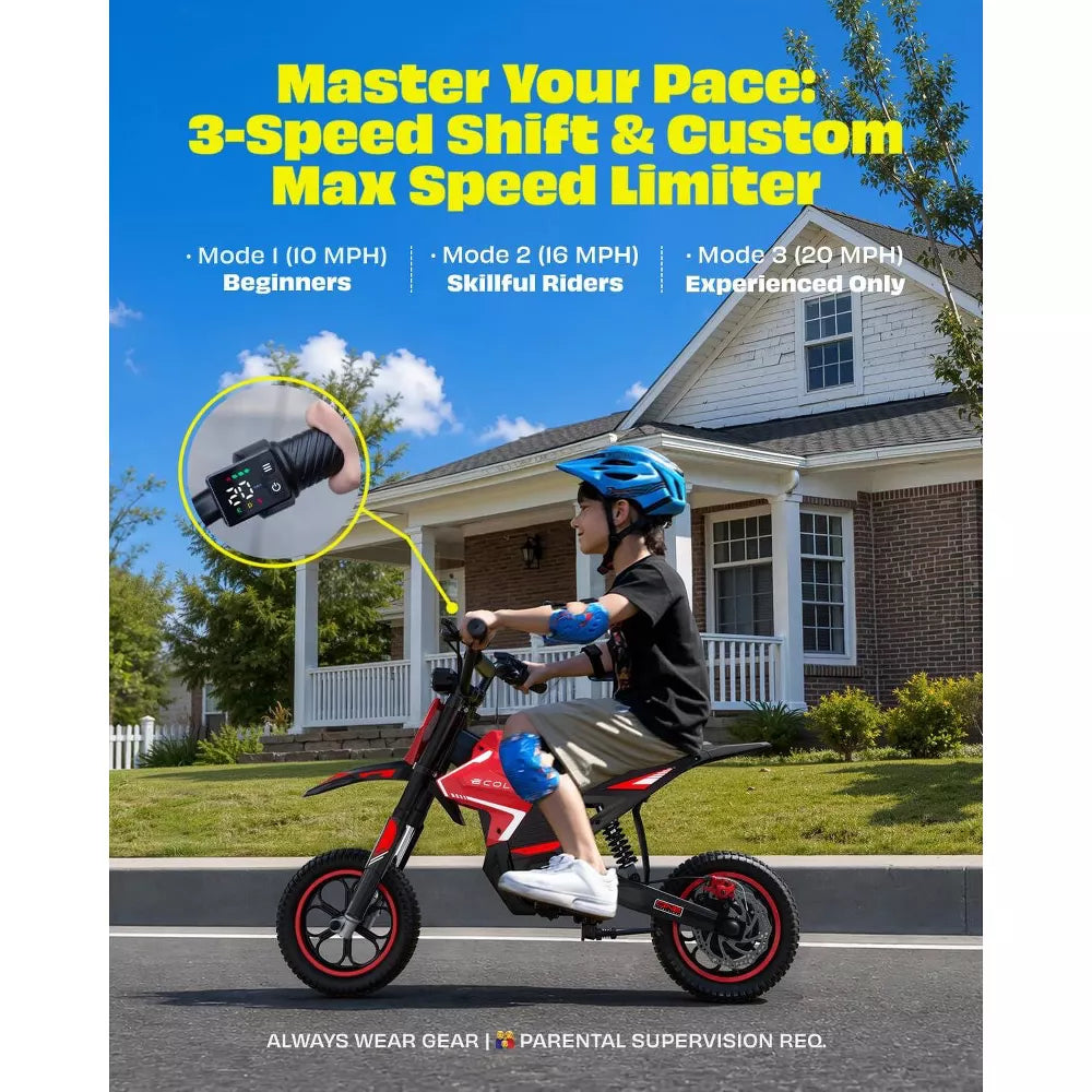ECOLEAP K2 Kids Electric Dirt Bike, 36V 750W Peak Motor, 19.8 MPH, 18-Mile Range, 3-Speed Modes, Dual Suspension and Disc Brake, Ages 4-10