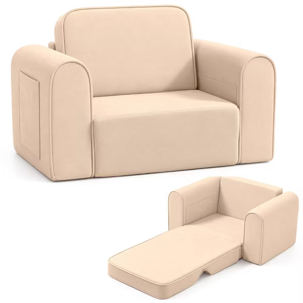 Kinder King 2-in-1 Kids Couch, Fold-Out Toddler Sofa Chair for Reading, Lounging & Playroom Use, Beige