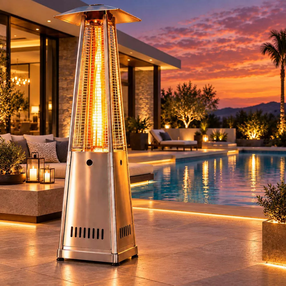 LAUSAINT HOME 48000 BTU Pyramid Patio Heater All Stainless Steel with Quartz Glass Tube Tip Over Protection Cover and Wheels
