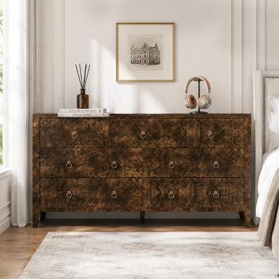 AMERLIFE 7 Drawer Dresser, 60.6" Wide Storage Chest, High Gloss Wood Organizer, Brown