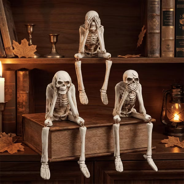 Set of 3 Halloween Skeleton Shelf Sitter Figurines, Resin See No Evil Hear No Evil Speak No Evil Statues, Gothic Indoor Tabletop Mantel Decor