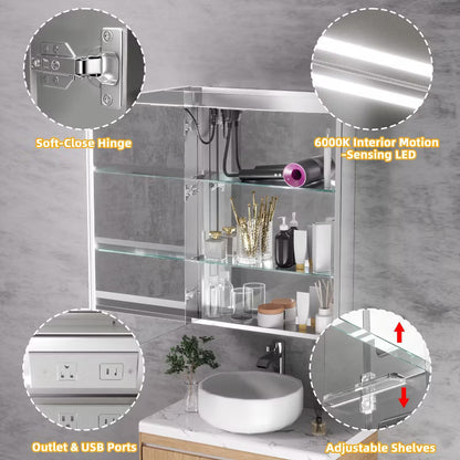 FAMYYT 20x28 inch Aluminum LED Bathroom Medicine Cabinet with Mirror and Lights, Surface/Recessed Vanity, Anti-Fog, Left Hinge, Black
