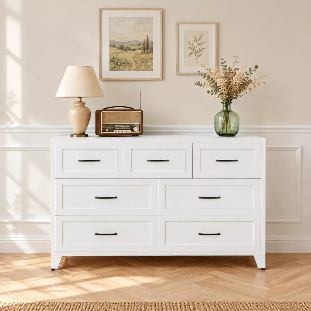 VIYET 7-Drawer White Dresser for Bedroom, Wide Low-Profile Chest of Drawers with Smooth-Glide Storage for Closet & Entryway
