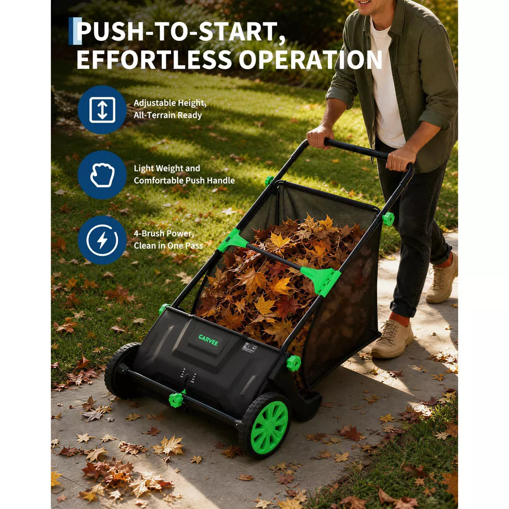 Manual Push Lawn Sweeper Leaf Collector, 26‑Inch Sweeping Width, 3.5 Cu Ft Collection Bag, Steel Frame with Rubber Wheels for Leaves and Pine Cones