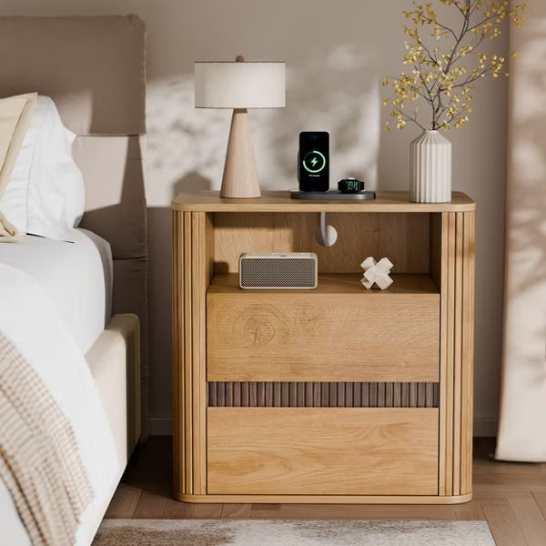 Qwatto Natural Wood Nightstand Charging Station 2 Drawers Roller Blind Design Rounded Modern Bedside Table Mid Century End Table Bedroom Storage