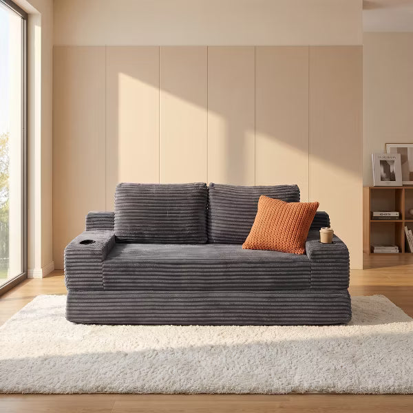 71" Corduroy Convertible Sleeper Sofa Bed, 2-in-1 Futon Couch Loveseat with Built-in Cup Holders, Side Pockets & 2 Throw Pillows for Small Spaces
