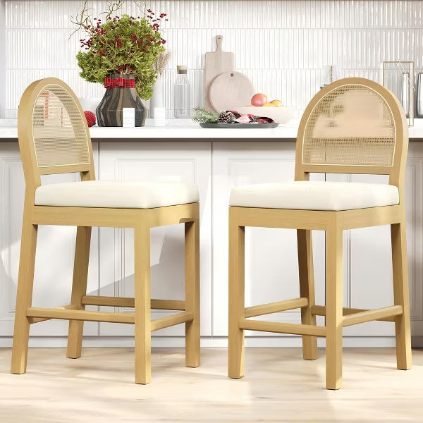 TYBOATLE Set of 2 Rattan Back Counter Height Bar Stools, Beige