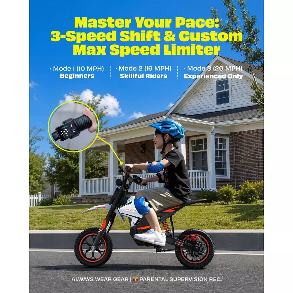 ECOLEAP K2 Kids Electric Dirt Bike, 36V 750W Peak Motor, 19.8 MPH, 18-Mile Range, 3-Speed Modes, Dual Suspension and Disc Brake, Ages 4-10