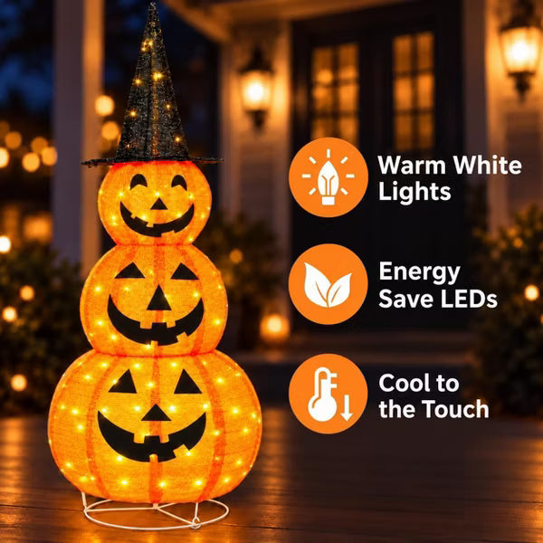 5ft 1pc Lighted Collapsible Stacked Pumpkin, 100 Warm White LED Lights, Pop-Up Jack-O'-Lantern with Witch Hat for Outdoor Halloween Yard & Porch Decor