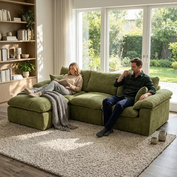 LauKingdom 102" 3-Seater L Shape Modular Sectional Sofa, Olive Green Cloud Couch with Ottoman, Comfy Chenille Deep Seat for Living Room