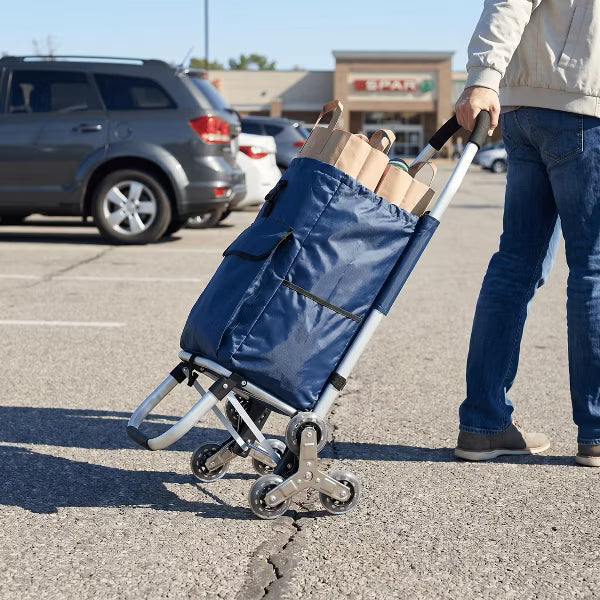 Foldable Stair Climbing Shopping Trolley, Stainless Steel Tri-Spinner Wheels, Removable Waterproof Oxford Bag, Blue