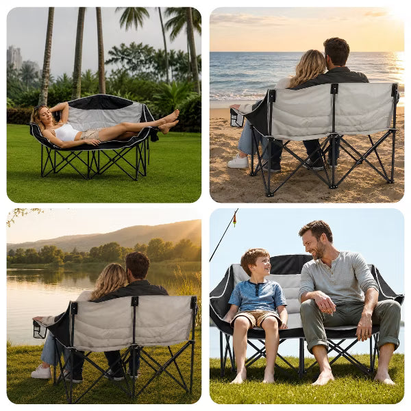Double Camping Chair, Heavy Duty Loveseat for 2 Adults, 660lbs Cap, Portable Folding Couch w/ Cup Holders, for Outdoor Lawn/Backyard, Black/Grey