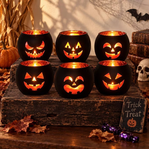 LauKingdom 2.7"x2.3" 6 Pcs Matte Black Halloween Jack O Lantern Glass Votive Candle Holders Decor for Mantel Coffee Table Party