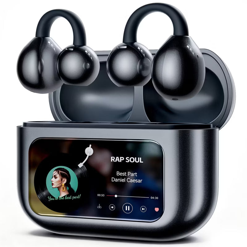 VEATOOL Open Ear Clip-On Earbuds, LCD Touch Screen,Bluetooth 5.4 Sports Earphones,ENC Call Noise Cancelling Earphones with Mic,Ear Clip Earbuds