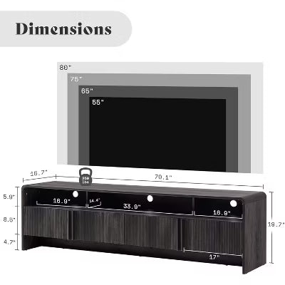 AMERLIFE 70" Fluted Wood TV Stand for TVs up to 80", Media Console with Storage Cabinets, Black