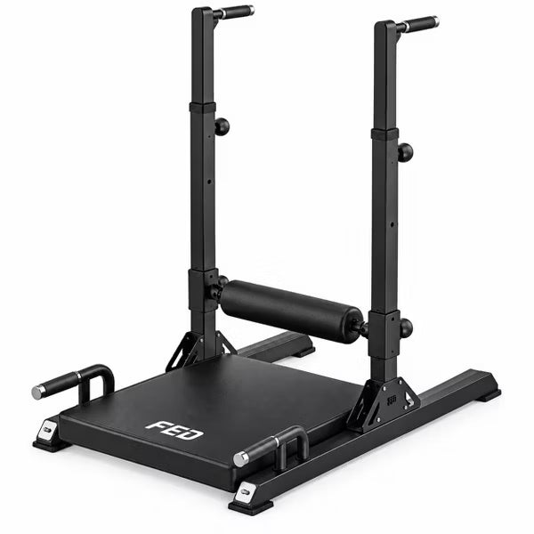 FED FITNESS Multi-Function Hip Thrust Machine with Adjustable Dip Bars, Padded Roller and Push-Up Handles, Glute Trainer for Home Gym