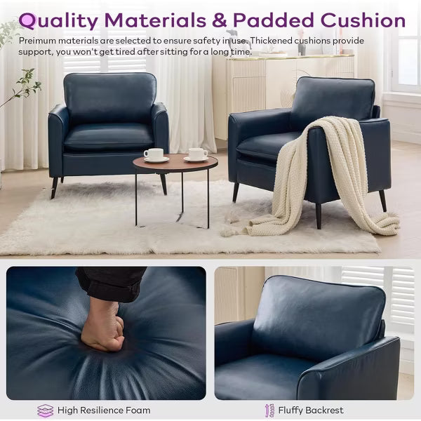 TYBOATLE Blue Leather Accent Chair Set of 2, Mid-Century Modern Comfy Armchair for Living Room, Lobby, Office, Reception