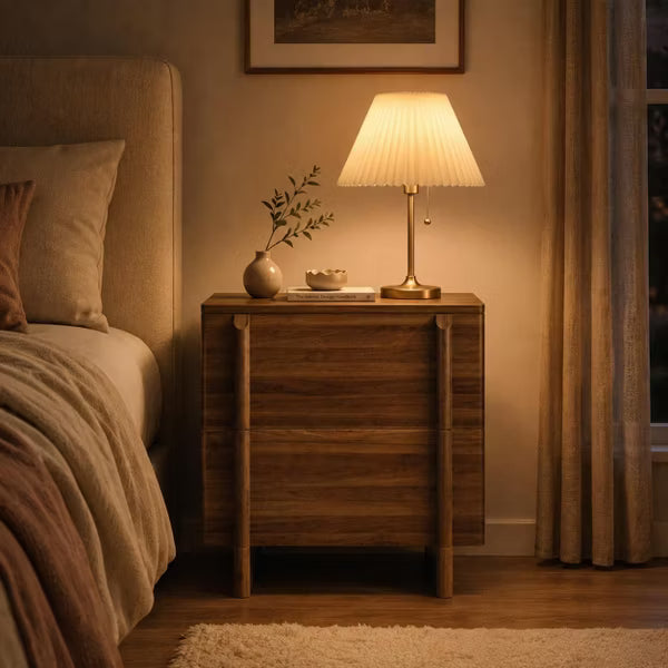 Walnut Nightstand with 2 Drawers, Mid-Century Modern Bedside Table with Rounded Corners and Wood Handles for Bedroom, Living Room
