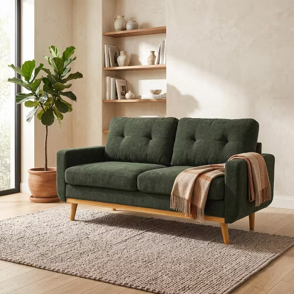 67.7" Emerald Green Mid-Century Modern Upholstered Loveseat Sofa 2-Seat Fabric Couch with Solid Wood Base for Dorm, Apartment, Living Room