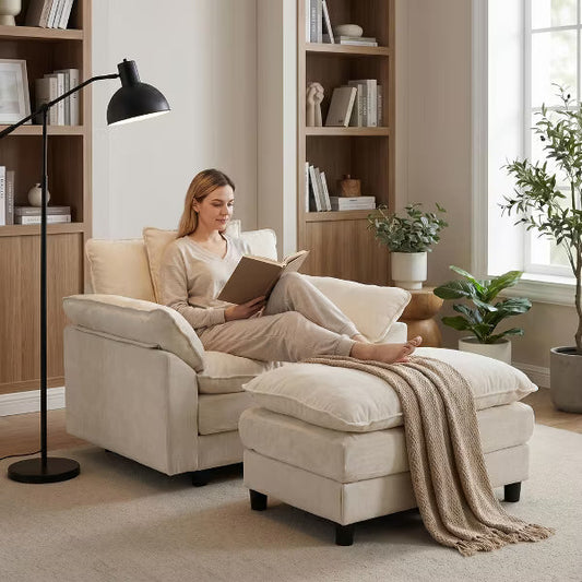 44.5" Modern Upholstered Chenille Accent Chair and Ottoman, Comfy Living Room Club Chair, Cozy Reading Armchair for Bedroom