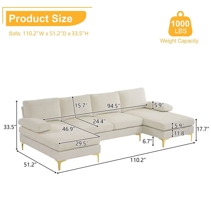 Karl Home |110 in. W Pillow Top Arm 3-Piece U-shaped Chenille Sectionals in Beige