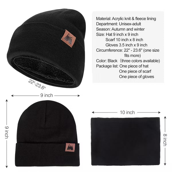 Mysuntown Winter Beanie Hat and Gloves for Women & Men, Winter Hat Scarf and Touch Screen Gloves 3-Piece Set, Cold Weather Knit Fleece Lined Warm Sets