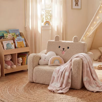 Kinder King Toddler Sofa Chair, 2-in-1 Foldable Baby Couch Flip Open Sofa Bed for Playroom, Beige