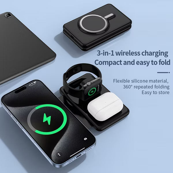 G910 Foldable 3-in-1 Wireless Charging Station, 15W Fast Charger for Phone Watch Earbuds, Compact Travel Design, Heat Safe,Black