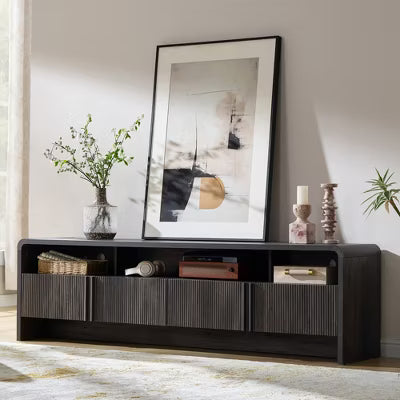 AMERLIFE 70" Fluted Wood TV Stand for TVs up to 80", Media Console with Storage Cabinets, Black